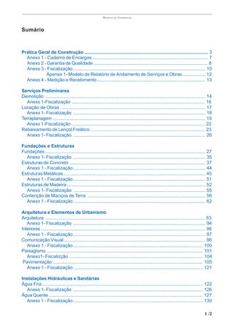 PRÁTICAS   DE   CONSTRUÇÃO



Sumário



Prática Geral de Construção ................................................................................................ 3
  Anexo 1 - Caderno de Encargos .......................................................................................... 7
  Anexo 2 - Garantia de Qualidade ......................................................................................... 8
  Anexo 3 - Fiscalização ....................................................................................................... 10
            Apenso 1- Modelo de Relatório de Andamento de Serviços e Obras .................. 12
  Anexo 4 - Medição e Recebimento .................................................................................... 13

Serviços Preliminares
Demolição ............................................................................................................................. 14
  Anexo 1-Fiscalização ........................................................................................................ 16
Locação de Obras ................................................................................................................. 17
  Anexo 1- Fiscalização ....................................................................................................... 18
Terraplanagem ....................................................................................................................... 19
  Anexo 1-Fiscalização ........................................................................................................ 22
Rebaixamento de Lençol Freático.......................................................................................... 23
  Anexo 1- Fiscalização ....................................................................................................... 26

Fundações e Estruturas
Fundações ............................................................................................................................. 27
  Anexo 1- Fiscalização ....................................................................................................... 35
Estruturas de Concreto .......................................................................................................... 37
  Anexo 1 - Fiscalização ....................................................................................................... 44
Estruturas Metálicas............................................................................................................... 45
  Anexo 1 - Fiscalização ....................................................................................................... 51
Estruturas de Madeira ............................................................................................................ 52
  Anexo 1- Fiscalização ....................................................................................................... 55
Contenção de Maciços de Terra ............................................................................................ 56
  Anexo 1 - Fiscalização ....................................................................................................... 62

Arquitetura e Elementos de Urbanismo
Arquitetura ............................................................................................................................. 63
   Anexo 1- Fiscalização ....................................................................................................... 94
Interiores ................................................................................................................................ 96
   Anexo 1 - Fiscalização ....................................................................................................... 97
Comunicação Visual .............................................................................................................. 98
   Anexo 1 - Fiscalização ..................................................................................................... 100
Paisagismo ......................................................................................................................... 101
   Anexo1- Fiscalizção ........................................................................................................ 104
 Pavimentação ..................................................................................................................... 105
   Anexo 1 - Fiscalização ..................................................................................................... 121

Instalações Hidráulicas e Sanitárias
Água Fria ............................................................................................................................. 122
  Anexo 1- Fiscalização ..................................................................................................... 126
Água Quente ........................................................................................................................ 127
  Anexo 1 - Fiscalização ..................................................................................................... 130

                                                                                                                                        1 /2
 