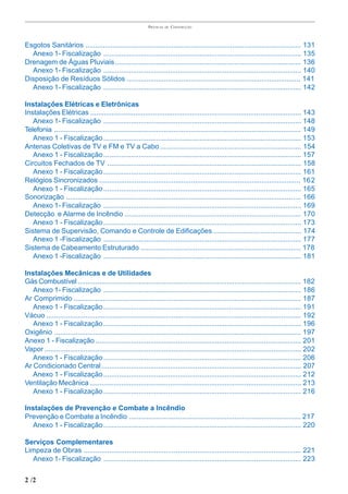 PRÁTICAS   DE   CONSTRUÇÃO



Esgotos Sanitários .............................................................................................................. 131
  Anexo 1- Fiscalização ..................................................................................................... 135
Drenagem de Águas Pluviais ............................................................................................... 136
  Anexo 1- Fiscalização ..................................................................................................... 140
Disposição de Resíduos Sólidos ......................................................................................... 141
  Anexo 1- Fiscalização ..................................................................................................... 142

Instalações Elétricas e Eletrônicas
Instalações Elétricas ............................................................................................................ 143
   Anexo 1- Fiscalização ..................................................................................................... 148
Telefonia .............................................................................................................................. 149
   Anexo 1 - Fiscalização ..................................................................................................... 153
Antenas Coletivas de TV e FM e TV a Cabo ........................................................................ 154
   Anexo 1 - Fiscalização ..................................................................................................... 157
Circuitos Fechados de TV ................................................................................................... 158
   Anexo 1 - Fiscalização ..................................................................................................... 161
Relógios Sincronizados ....................................................................................................... 162
   Anexo 1 - Fiscalização ..................................................................................................... 165
Sonorização ........................................................................................................................ 166
   Anexo 1- Fiscalização ..................................................................................................... 169
Detecção e Alarme de Incêndio .......................................................................................... 170
   Anexo 1 - Fiscalização ..................................................................................................... 173
Sistema de Supervisão, Comando e Controle de Edificações ............................................. 174
   Anexo 1 -Fiscalização ..................................................................................................... 177
Sistema de Cabeamento Estruturado .................................................................................. 178
   Anexo 1 -Fiscalização ..................................................................................................... 181

Instalações Mecânicas e de Utilidades
Gás Combustível .................................................................................................................. 182
   Anexo 1- Fiscalização ..................................................................................................... 186
Ar Comprimido .................................................................................................................... 187
   Anexo 1 - Fiscalização ..................................................................................................... 191
Vácuo .................................................................................................................................. 192
   Anexo 1 - Fiscalização ..................................................................................................... 196
Oxigênio .............................................................................................................................. 197
Anexo 1 - Fiscalização ......................................................................................................... 201
Vapor ................................................................................................................................... 202
   Anexo 1 - Fiscalização ..................................................................................................... 206
Ar Condicionado Central ...................................................................................................... 207
   Anexo 1 - Fiscalização ..................................................................................................... 212
Ventilação Mecânica ............................................................................................................ 213
   Anexo 1 - Fiscalização ..................................................................................................... 216

Instalações de Prevenção e Combate a Incêndio
Prevenção e Combate a Incêndio ........................................................................................ 217
  Anexo 1 - Fiscalização ..................................................................................................... 220

Serviços Complementares
Limpeza de Obras ............................................................................................................... 221
  Anexo 1- Fiscalização ..................................................................................................... 223


2 /2
 