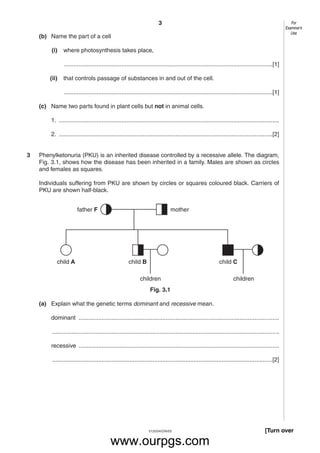 3
5125/04/O/N/03
(b) Name the part of a cell
(i) where photosynthesis takes place,
...............................................................................................................................[1]
(ii) that controls passage of substances in and out of the cell.
...............................................................................................................................[1]
(c) Name two parts found in plant cells but not in animal cells.
1. ......................................................................................................................................
2. ..................................................................................................................................[2]
3 Phenylketonuria (PKU) is an inherited disease controlled by a recessive allele. The diagram,
Fig. 3.1, shows how the disease has been inherited in a family. Males are shown as circles
and females as squares.
Individuals suffering from PKU are shown by circles or squares coloured black. Carriers of
PKU are shown half-black.
Fig. 3.1
(a) Explain what the genetic terms dominant and recessive mean.
dominant ..........................................................................................................................
..........................................................................................................................................
recessive ..........................................................................................................................
......................................................................................................................................[2]
child A child B
father F
child C
children children
mother
[Turn over
For
Examiner’s
Use
www.ourpgs.com
 
