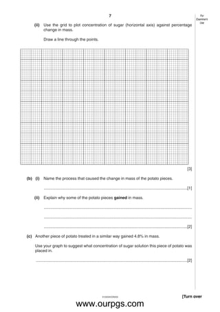 7
5125/04/O/N/03
(ii) Use the grid to plot concentration of sugar (horizontal axis) against percentage
change in mass.
Draw a line through the points.
[3]
(b) (i) Name the process that caused the change in mass of the potato pieces.
...............................................................................................................................[1]
(ii) Explain why some of the potato pieces gained in mass.
...................................................................................................................................
...................................................................................................................................
...............................................................................................................................[2]
(c) Another piece of potato treated in a similar way gained 4.8% in mass.
Use your graph to suggest what concentration of sugar solution this piece of potato was
placed in.
......................................................................................................................................[2]
[Turn over
For
Examiner’s
Use
www.ourpgs.com
 