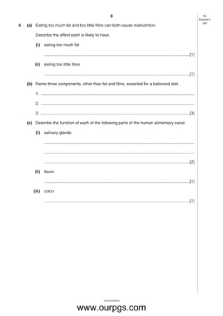 8
5125/04/O/N/03
6 (a) Eating too much fat and too little fibre can both cause malnutrition.
Describe the effect each is likely to have.
(i) eating too much fat
...............................................................................................................................[1]
(ii) eating too little fibre
...............................................................................................................................[1]
(b) Name three components, other than fat and fibre, essential for a balanced diet.
1. ......................................................................................................................................
2. ......................................................................................................................................
3. ..................................................................................................................................[3]
(c) Describe the function of each of the following parts of the human alimentary canal.
(i) salivary glands
...................................................................................................................................
...................................................................................................................................
...............................................................................................................................[2]
(ii) ileum
...............................................................................................................................[1]
(iii) colon
...............................................................................................................................[1]
For
Examiner’s
Use
www.ourpgs.com
 