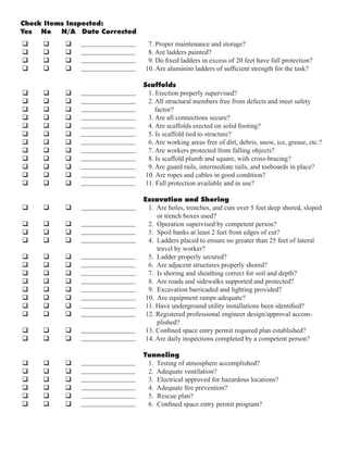 q q q
q q q
q q q
q q q
q q q
q q q
q q q
q q q
q q q
q q q
q q q
q q q
q q q
q q q
q q q
q q q
q q q
q q q
q q q
q q q
q q q
q q q
q q q
q q q
q q q
q q q
q q q
q q q
q q q
q q q
q q q
q q q
q q q
q q q
q q q
q q q
________________
________________
________________
________________
________________
________________
________________
________________
________________
________________
________________
________________
________________
________________
________________
________________
________________
________________
________________
________________
________________
________________
________________
________________
________________
________________
________________
________________
________________
________________
________________
________________
________________
________________
________________
________________
7. Proper maintenance and storage?
8. Are ladders painted?
9. Do fixed ladders in excess of 20 feet have fall protection?
10. Are aluminim ladders of sufficient strength for the task?
Scaffolds
1. Erection properly supervised?
2. All structural members free from defects and meet safety
factor?
3. Are all connections secure?
4. Are scaffolds erected on solid footing?
5. Is scaffold tied to structure?
6. Are working areas free of dirt, debris, snow, ice, grease, etc.?
7. Are workers protected from falling objects?
8. Is scaffold plumb and square, with cross-bracing?
9. Are guard rails, intermediate rails, and toeboards in place?
10. Are ropes and cables in good condition?
11. Fall protection available and in use?
Excavation and Shoring
1. Are holes, trenches, and cuts over 5 feet deep shored, sloped
or trench boxes used?
2. Operation supervised by competent person?
3. Spoil banks at least 2 feet from edges of cut?
4. Ladders placed to ensure no greater than 25 feet of lateral
travel by worker?
5. Ladder properly secured?
6. Are adjacent structures properly shored?
7. Is shoring and sheathing correct for soil and depth?
8. Are roads and sidewalks supported and protected?
9. Excavation barricaded and lighting provided?
10. Are equipment ramps adequate?
11. Have underground utility installations been identified?
12. Registered professional engineer design/approval accom-
plished?
13. Confined space entry permit required plan established?
14. Are daily inspections completed by a competent person?
Tunneling
1. Testing of atmosphere accomplished?
2. Adequate ventilation?
3. Electrical approved for hazardous locations?
4. Adequate fire prevention?
5. Rescue plan?
6. Confined space entry permit program?
Check Items Inspected:
Yes No N/A Date Corrected
 