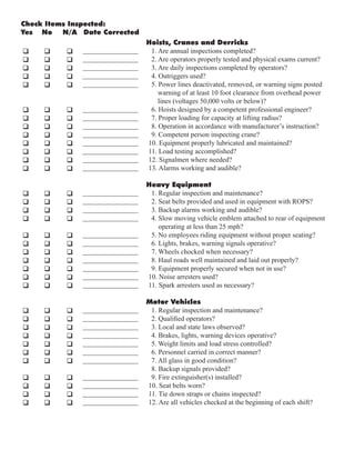 Hoists, Cranes and Derricks
1. Are annual inspections completed?
2. Are operators properly tested and physical exams current?
3. Are daily inspections completed by operators?
4. Outriggers used?
5. Power lines deactivated, removed, or warning signs posted
warning of at least 10 foot clearance from overhead power
lines (voltages 50,000 volts or below)?
6. Hoists designed by a competent professional engineer?
7. Proper loading for capacity at lifting radius?
8. Operation in accordance with manufacturer’s instruction?
9. Competent person inspecting crane?
10. Equipment properly lubricated and maintained?
11. Load testing accomplished?
12. Signalmen where needed?
13. Alarms working and audible?
Heavy Equipment
1. Regular inspection and maintenance?
2. Seat belts provided and used in equipment with ROPS?
3. Backup alarms working and audible?
4. Slow moving vehicle emblem attached to rear of equipment
operating at less than 25 mph?
5. No employees riding equipment without proper seating?
6. Lights, brakes, warning signals operative?
7. Wheels chocked when necessary?
8. Haul roads well maintained and laid out properly?
9. Equipment properly secured when not in use?
10. Noise arresters used?
11. Spark arresters used as necessary?
Motor Vehicles
1. Regular inspection and maintenance?
2. Qualified operators?
3. Local and state laws observed?
4. Brakes, lights, warning devices operative?
5. Weight limits and load stress controlled?
6. Personnel carried in correct manner?
7. All glass in good condition?
8. Backup signals provided?
9. Fire extinguisher(s) installed?
10. Seat belts worn?
11. Tie down straps or chains inspected?
12. Are all vehicles checked at the beginning of each shift?
q q q
q q q
q q q
q q q
q q q
q q q
q q q
q q q
q q q
q q q
q q q
q q q
q q q
q q q
q q q
q q q
q q q
q q q
q q q
q q q
q q q
q q q
q q q
q q q
q q q
q q q
q q q
q q q
q q q
q q q
q q q
q q q
q q q
q q q
q q q
________________
________________
________________
________________
________________
________________
________________
________________
________________
________________
________________
________________
________________
________________
________________
________________
________________
________________
________________
________________
________________
________________
________________
________________
________________
________________
________________
________________
________________
________________
________________
________________
________________
________________
________________
Check Items Inspected:
Yes No N/A Date Corrected
 