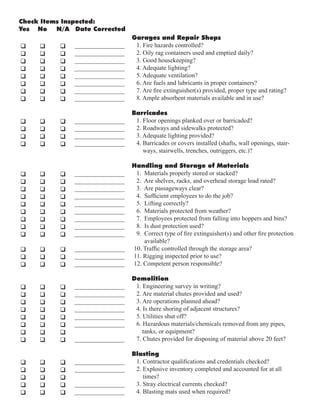 Garages and Repair Shops
1. Fire hazards controlled?
2. Oily rag containers used and emptied daily?
3. Good housekeeping?
4. Adequate lighting?
5. Adequate ventilation?
6. Are fuels and lubricants in proper containers?
7. Are fire extinguisher(s) provided, proper type and rating?
8. Ample absorbent materials available and in use?
Barricades
1. Floor openings planked over or barricaded?
2. Roadways and sidewalks protected?
3. Adequate lighting provided?
4. Barricades or covers installed (shafts, wall openings, stair-
ways, stairwells, trenches, outriggers, etc.)?
Handling and Storage of Materials
1. Materials properly stored or stacked?
2. Are shelves, racks, and overhead storage load rated?
3. Are passageways clear?
4. Sufficient employees to do the job?
5. Lifting correctly?
6. Materials protected from weather?
7. Employees protected from falling into hoppers and bins?
8. Is dust protection used?
9. Correct type of fire extinguisher(s) and other fire protection
available?
10. Traffic controlled through the storage area?
11. Rigging inspected prior to use?
12. Competent person responsible?
Demolition
1. Engineering survey in writing?
2. Are material chutes provided and used?
3. Are operations planned ahead?
4. Is there shoring of adjacent structures?
5. Utilities shut off?
6. Hazardous materials/chemicals removed from any pipes,
tanks, or equipment?
7. Chutes provided for disposing of material above 20 feet?
Blasting
1. Contractor qualifications and credentials checked?
2. Explosive inventory completed and accounted for at all
times?
3. Stray electrical currents checked?
4. Blasting mats used when required?
Check Items Inspected:
Yes No N/A Date Corrected
q q q
q q q
q q q
q q q
q q q
q q q
q q q
q q q
q q q
q q q
q q q
q q q
q q q
q q q
q q q
q q q
q q q
q q q
q q q
q q q
q q q
q q q
q q q
q q q
q q q
q q q
q q q
q q q
q q q
q q q
q q q
q q q
q q q
q q q
q q q
q q q
q q q
________________
________________
________________
________________
________________
________________
________________
________________
________________
________________
________________
________________
________________
________________
________________
________________
________________
________________
________________
________________
________________
________________
________________
________________
________________
________________
________________
________________
________________
________________
________________
________________
________________
________________
________________
 