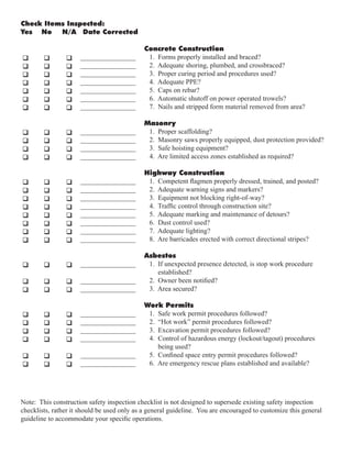 q q q
q q q
q q q
q q q
q q q
q q q
q q q
q q q
q q q
q q q
q q q
q q q
q q q
q q q
q q q
q q q
q q q
q q q
q q q
q q q
q q q
q q q
q q q
q q q
q q q
q q q
q q q
q q q
________________
________________
________________
________________
________________
________________
________________
________________
________________
________________
________________
________________
________________
________________
________________
________________
________________
________________
________________
________________
________________
________________
________________
________________
________________
________________
________________
________________
Concrete Construction
1. Forms properly installed and braced?
2. Adequate shoring, plumbed, and crossbraced?
3. Proper curing period and procedures used?
4. Adequate PPE?
5. Caps on rebar?
6. Automatic shutoff on power operated trowels?
7. Nails and stripped form material removed from area?
Masonry
1. Proper scaffolding?
2. Masonry saws properly equipped, dust protection provided?
3. Safe hoisting equipment?
4. Are limited access zones established as required?
Highway Construction
1. Competent flagmen properly dressed, trained, and posted?
2. Adequate warning signs and markers?
3. Equipment not blocking right-of-way?
4. Traffic control through construction site?
5. Adequate marking and maintenance of detours?
6. Dust control used?
7. Adequate lighting?
8. Are barricades erected with correct directional stripes?
Asbestos
1. If unexpected presence detected, is stop work procedure
established?
2. Owner been notified?
3. Area secured?
Work Permits
1. Safe work permit procedures followed?
2. “Hot work” permit procedures followed?
3. Excavation permit procedures followed?
4. Control of hazardous energy (lockout/tagout) procedures
being used?
5. Confined space entry permit procedures followed?
6. Are emergency rescue plans established and available?
Check Items Inspected:
Yes No N/A Date Corrected
Note: This construction safety inspection checklist is not designed to supersede existing safety inspection
checklists, rather it should be used only as a general guideline. You are encouraged to customize this general
guideline to accommodate your specific operations.
 