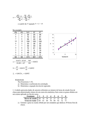 ( )∑ ∑
∑ ∑ ∑
−
−
= 2
i
2
i
iiii
xxn
yxyxn
a
e a partir da 1º equação xayb −=
No exemplo:
(X) (Y) X.Y X2
Y2
5 6 30 25 36
8 9 72 64 81
7 8 56 49 64
10 10 100 100 100
6 5 30 36 25
7 7 49 49 49
9 8 72 81 64
3 4 12 9 16
8 6 48 64 36
2 2 4 4 4
65 65 473 481 475
0
2
4
6
8
10
12
0 5 10
Variável X
Y
8632,0
585
505
65481.10
65.65-10.473
a 2
==
−
=
8892,0
10
65
.8632,0
10
65
b =−=
8892,0x8632,0yˆ ii +=
EXERCÍCIOS
Nos Exercícios 1-10,
a) Determine o coeficiente de correlação.
b) Determine a equação da reta de regressão.
1. A tabela apresenta dados de amostra referentes ao número de horas de estudo fora de
classe para determinados alunos de um curso de estatística, bem como os graus obtidos em
um exame aplicado no fim do curso.
Estudante 1 2 3 4 5 6 7 8
Horas de estudo 20 16 34 23 27 32 18 22
Grau no exame 64 61 84 70 88 92 72 77
c) Estimar o grau no exame obtido por um estudante que dedicou 30 horas fora de
classe.
 