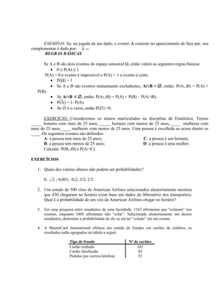 EXEMPLO: Se, na jogada de um dado, o evento A consiste no aparecimento de face par, seu
complementar é dado por: =A
REGRAS BÁSICAS
Se A e B são dois eventos do espaço amostral Ω, então valem as seguintes regras básicas:
• 0 ≤ P(A) ≤ 1
P(A) = 0 o evento é impossível e P(A) = 1 o evento é certo.
• P(Ω) = 1
• Se A e B são eventos mutuamente excludentes, A∩B = ∅, então: P(A∪B) = P(A) +
P(B).
• Se A∩B ≠ ∅, então: P(A∪B) = P(A) + P(B) – P(A∩B).
• P(A) = 1- P(A).
• Se ∅ é o vazio, então P(∅) =0.
EXERCÍCIO: Consideremos os alunos matriculados na disciplina de Estatística. Temos
_____ homens com mais de 25 anos, _____ homens com menos de 25 anos, ____ mulheres com
mais de 25 anos, ____ mulheres com menos de 25 anos. Uma pessoa é escolhida ao acaso dentre os
____. Os seguintes eventos são definidos:
A: a pessoa tem mais de 25 anos; C: a pessoa é um homem;
B: a pessoa tem menos de 25 anos; D: a pessoa é uma mulher.
Calcular: P(B∪D) e P(A∩C).
EXERCÍCIOS
1. Quais dos valores abaixo não podem ser probabilidades?
0; 2 ; 0,001; -0,2; 3/2; 2/3.
2. Um estudo de 500 vôos da American Airlines selecionados aleatoriamente mostrou
que 430 chegaram no horário (com base em dados do Ministério dos transportes).
Qual é a probabilidade de um vôo da American Airlines chegar no horário?
3. Em uma pesquisa entre estudantes de uma faculdade, 1162 afirmaram que “colaram” nos
exames, enquanto 2468 afirmaram não “colar”. Selecionado aleatoriamente um desses
estudantes, determine a probabilidade de ele ou ela ter “colado” em um exame.
4. A MasterCard International efetuou um estudo de fraudes em cartões de créditos; os
resultados estão agrupados na tabela a seguir.
Tipo de fraude Nº de cartões
Cartão roubado 243
Cartão falsificado 85
Pedidos por correio/telefone 52
 