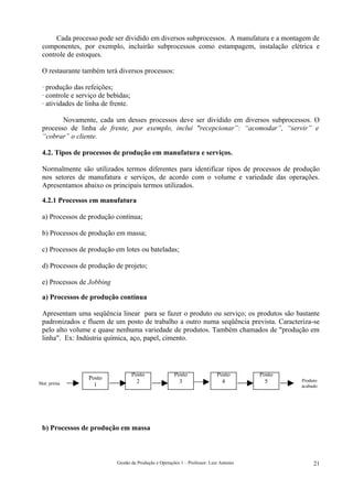 Cada processo pode ser dividido em diversos subprocessos. A manufatura e a montagem de
 componentes, por exemplo, incluirão subprocessos como estampagem, instalação elétrica e
 controle de estoques.

 O restaurante também terá diversos processos:

 · produção das refeições;
 · controle e serviço de bebidas;
 · atividades de linha de frente.

        Novamente, cada um desses processos deve ser dividido em diversos subprocessos. O
 processo de linha de frente, por exemplo, inclui "recepcionar”: “acomodar”, “servir” e
 “cobrar” o cliente.

 4.2. Tipos de processos de produção em manufatura e serviços.

 Normalmente são utilizados termos diferentes para identificar tipos de processos de produção
 nos setores de manufatura e serviços, de acordo com o volume e variedade das operações.
 Apresentamos abaixo os principais termos utilizados.

 4.2.1 Processos em manufatura

 a) Processos de produção contínua;

 b) Processos de produção em massa;

 c) Processos de produção em lotes ou bateladas;

 d) Processos de produção de projeto;

 e) Processos de Jobbing

 a) Processos de produção contínua

 Apresentam uma seqüência linear para se fazer o produto ou serviço; os produtos são bastante
 padronizados e fluem de um posto de trabalho a outro numa seqüência prevista. Caracteriza-se
 pelo alto volume e quase nenhuma variedade de produtos. Também chamados de "produção em
 linha". Ex: Indústria química, aço, papel, cimento.




                                    Posto               Posto                Posto       Posto
                 Posto                                                                           Produto
Mat. prima                            2                   3                    4           5
                   1                                                                             acabado




 b) Processos de produção em massa



                            Gestão da Produção e Operações 1 – Professor: Luiz Antonio                21
 