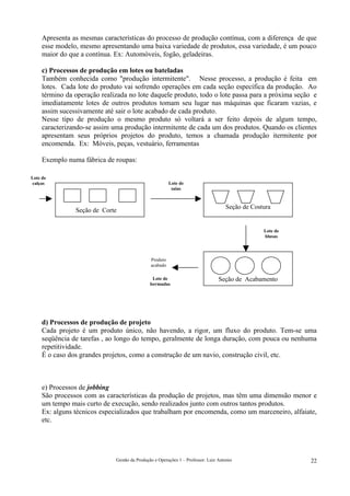 Apresenta as mesmas características do processo de produção contínua, com a diferença de que
     esse modelo, mesmo apresentando uma baixa variedade de produtos, essa variedade, é um pouco
     maior do que a contínua. Ex: Automóveis, fogão, geladeiras.

     c) Processos de produção em lotes ou bateladas
     Também conhecida como "produção intermitente". Nesse processo, a produção é feita em
     lotes. Cada lote do produto vai sofrendo operações em cada seção específica da produção. Ao
     término da operação realizada no lote daquele produto, todo o lote passa para a próxima seção e
     imediatamente lotes de outros produtos tomam seu lugar nas máquinas que ficaram vazias, e
     assim sucessivamente até sair o lote acabado de cada produto.
     Nesse tipo de produção o mesmo produto só voltará a ser feito depois de algum tempo,
     caracterizando-se assim uma produção intermitente de cada um dos produtos. Quando os clientes
     apresentam seus próprios projetos do produto, temos a chamada produção itermitente por
     encomenda. Ex: Móveis, peças, vestuário, ferramentas

     Exemplo numa fábrica de roupas:

Lote de
calças                                                   Lote de
                                                          saias


                                                                                    Seção de Costura
                Seção de Corte


                                                                                                 Lote de
                                                                                                 blusas



                                               Produto
                                               acabado

                                               Lote de                           Seção de Acabamento
                                              bermudas




     d) Processos de produção de projeto
     Cada projeto é um produto único, não havendo, a rigor, um fluxo do produto. Tem-se uma
     seqüência de tarefas , ao longo do tempo, geralmente de longa duração, com pouca ou nenhuma
     repetitividade.
     É o caso dos grandes projetos, como a construção de um navio, construção civil, etc.



     e) Processos de jobbing
     São processos com as características da produção de projetos, mas têm uma dimensão menor e
     um tempo mais curto de execução, sendo realizados junto com outros tantos produtos.
     Ex: alguns técnicos especializados que trabalham por encomenda, como um marceneiro, alfaiate,
     etc.




                              Gestão da Produção e Operações 1 – Professor: Luiz Antonio                   22
 