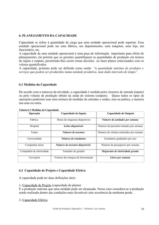 6. PLANEJAMENTO DA CAPACIDADE

Capacidade se refere à quantidade de carga que uma unidade operacional pode suportar. Essa
unidade operacional pode ser uma fábrica, um departamento, uma máquina, uma loja, um
funcionário, etc.
A capacidade de uma unidade operacional é uma peça de informação importante para efeito de
planejamento; ela permite que os gerentes quantifiquem as quantidades de produção em termos
de inputs e outputs, permitindo-lhes assim tomar decisões ou fazer planos relacionados com os
valores quantificados.
A capacidade, portanto pode ser definida como sendo “a quantidade máxima de produtos e
serviços que podem ser produzidos numa unidade produtiva, num dado intervalo de tempo”.


6.1 Medidas da Capacidade

De acordo com a natureza da atividade, a capacidade é medida pelos insumos de entrada (inputs)
ou pelo volume de produção obtido na saída do sistema (outputs). Quase todos os tipos de
operações poderiam usar uma mistura de medidas de entradas e saídas, mas na prática, a maioria
usa uma ou outra.

Tabela 6.1 Medidas de Capacidade
        Operação                 Capacidade de Inputs                                    Capacidade de Outputs

        Fábrica                 Horas de máquinas disponíveis                     Número de unidades por semana

        Hospital                        Leitos disponíveis                   Número de pacientes tratados por semana

         Teatro                       Número de assentos                     Número de clientes entretidos por semana

      Universidade                   Número de estudantes                           Estudantes graduados por ano

    Companhia aérea            Número de assentos disponíveis                    Número de passageiros por semana

Companhia de eletricidade             Tamanho do gerador                          Megawatts de eletricidade gerada

       Cervejaria            Volume dos tanques de fermentação                             Litros por semana



6.2 Capacidade de Projeto e Capacidade Efetiva

A capacidade pode ter duas definições úteis:

1- Capacidade de Projeto (capacidade de planta)
É a produção máxima que uma unidade pode ser alcançada. Nesse caso considera-se a produção
sendo realizada dentro das condições mais favoráveis sem ocorrência de nenhuma perda.

2- Capacidade Efetiva

                            Gestão da Produção e Operações 1 – Professor: Luiz Antonio                               30
 