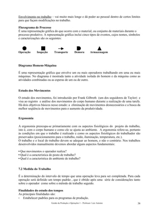 Envolvimento no trabalho – vai muito mais longe e dá poder ao pessoal dentro de certos limites
para que façam modificações no trabalho.

Fluxograma de Processo
É uma representação gráfica do que ocorre com o material, ou conjunto de materiais durante o
processo produtivo. A representação gráfica inclui cinco tipos de eventos, cujos nomes, símbolos
e caracterizações são os seguintes:



Operação      Inspeção       Transporte             Demora           Armazenagem



Diagrama Homem-Máquina

É uma representação gráfica que envolve um ou mais operadores trabalhando em uma ou mais
máquinas. No diagrama é mostrada tanto a atividade isolada do homem e da máquina como as
atividades combinadas ou as esperas de um ou de outro.


Estudo dos Movimentos

O estudo dos movimentos, foi introduzido por Frank Gilbreth (um dos seguidores de Taylor) e
visa ao registro e análise dos movimentos do corpo humano durante a realização de uma tarefa.
Há dois objetivos básicos nesse estudo: a eliminação de movimentos desnecessários e a busca da
melhor seqüência de movimentos para o aumento da produtividade.


Ergonomia

A ergonomia preocupa-se primariamente com os aspectos fisiológicos do projeto do trabalho,
isto é, com o corpo humano e como ele se ajusta ao ambiente. A ergonomia refere-se, portanto
às condições em que o trabalho é realizado e como os aspectos fisiológicos do trabalhador são
preservados (posicionamento para o trabalho, ruído, iluminação, temperatura, etc.).
O trabalho e o local do trabalho devem se adequar ao homem, e não o contrário. Nos trabalhos
desenvolvidos manualmente devemos abordar alguns aspectos fundamentais:

• Que movimentos o operador realiza?
• Qual é a característica do posto de trabalho?
• Qual é a característica do ambiente de trabalho?


7.2 Medida do Trabalho

É a determinação do intervalo de tempo que uma operação leva para ser completada. Para cada
operação será definido um tempo padrão , que é obtido após uma série de considerações tanto
sobre o operador como sobre o método de trabalho seguido.

Finalidades do estudo dos tempos
As principais finalidades são:
- Estabelecer padrões para os programas de produção.
                          Gestão da Produção e Operações 1 – Professor: Luiz Antonio          38
 
