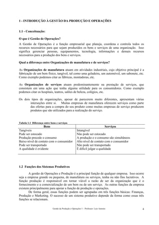 1 - INTRODUÇÃO À GESTÃO DA PRODUÇÃO E OPERAÇÕES


1.1 - Conceituação:

O que é Gestão de Operações?
A Gestão de Operações é a função empresarial que planeja, coordena e controla todos os
recursos necessários para que sejam produzidos os bens e serviços de uma organização. Isso
significa gerenciar pessoas, equipamentos, tecnologia, informações e demais recursos
necessários para a produção dos bens e serviços.

Qual a diferença entre Organizações de manufatura e de serviços?

As Organizações de manufatura atuam em atividades industriais, cujo objetivo principal é a
fabricação de um bem físico, tangível, tal como uma geladeira, um automóvel, um sabonete, etc.
Como exemplo podemos citar as fábricas, montadoras, etc.

As Organizações de serviços atuam predominantemente na prestação de serviços, que
consistem em uma ação que tenha alguma utilidade para os consumidores. Como exemplo
podemos citar os hospitais, teatros, salões de beleza, colégios, etc.

Os dois tipos de organizações, apesar de parecerem muito diferentes, apresentam várias
       interseções entre si. Muitas empresas de manufatura oferecem serviços como parte
       das ofertas para a compra do seu produto como muitas empresas de serviço produzem
       produtos que são utilizados para a realização do serviço.


Tabela 1.1 Diferença entre bens e serviços
                   Bens                                                        Serviços
Tangíveis                                              Intangível
Pode ser estocado                                      Não pode ser estocado
Produção precede o consumo                             A produção e o consumo são simultâneos
Baixo nível de contato com o consumidor                Alto nível de contato com o consumidor
Pode ser transportado                                  Não pode ser transportado
A qualidade é evidente                                 É difícil julgar a qualidade




1.2 Funções dos Sistemas Produtivos

        A gestão de Operações e Produção é a principal função de qualquer empresa. Isso ocorre
seja a empresa grande ou pequena, de manufatura ou serviços, tenha ou não fins lucrativos. A
função produção é responsável em tornar viável a razão de ser da organização que é o
fornecimento e a comercialização de um bem ou de um serviço. As outras funções da empresa
existem principalmente para apoiar a função de produção e operações.
        De forma geral, essas funções podem ser agrupadas em três funções básicas: Finanças,
Produção e Marketing. O sucesso de um sistema produtivo depende da forma como essas três
funções se relacionam.

                             Gestão da Produção e Operações 1 – Professor: Luiz Antonio         4
 