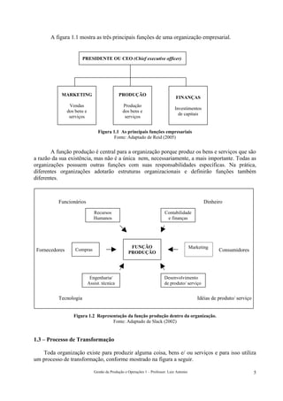 A figura 1.1 mostra as três principais funções de uma organização empresarial.


                       PRESIDENTE OU CEO (Chief executive officer)




           MARKETING                           PRODUÇÃO
                                                                                  FINANÇAS
                 Vendas                          Produção
                                                                                  Investimentos
                dos bens e                       dos bens e
                                                                                    de capitais
                 serviços                         serviços


                                  Figura 1.1 As principais funções empresariais
                                          Fonte: Adaptado de Reid (2005)


       A função produção é central para a organização porque produz os bens e serviços que são
a razão da sua existência, mas não é a única nem, necessariamente, a mais importante. Todas as
organizações possuem outras funções com suas responsabilidades específicas. Na prática,
diferentes organizações adotarão estruturas organizacionais e definirão funções também
diferentes.



          Funcionários                                                                              Dinheiro

                                Recursos                                   Contabilidade
                                Humanos                                     e finanças




                                                      FUNÇÃO                                 Marketing
 Fornecedores       Compras
                                                     PRODUÇÃO                                              Consumidores




                              Engenharia/                                  Desenvolvimento
                             Assist. técnica                               de produto/ serviço


          Tecnologia                                                                             Idéias de produto/ serviço


                   Figura 1.2 Representação da função produção dentro da organização.
                                     Fonte: Adaptado de Slack (2002)


1.3 – Processo de Transformação

   Toda organização existe para produzir alguma coisa, bens e/ ou serviços e para isso utiliza
um processo de transformação, conforme mostrado na figura a seguir.

                                Gestão da Produção e Operações 1 – Professor: Luiz Antonio                                    5
 