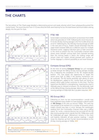 REDMAYNE-BENTLEY STOCKBROKERS                                                                                              THE CHARTS




THE CHARTS

The last edition of The Charts page detailed a deteriorating picture and weak volumes which have subsequently pushed the
market lower. The recent bounce from 5110 was what the bulls were looking for but this level leaves technical traders staring
deeply into the past for clues.


                                                                         FTSE 100
                                                                         Some traders now look at a line which can be drawn from 2008
                                                                         which lies precisely on 5100. Following the recent bounce at
                                                                         5110 the 20-day moving average is the first hurdle which sits
                                                                         at 5273. Following this, the 200-day moving average at 5340
                                                                         is the next area of focus. Traders should remember that the
                                                                         upper levels towards 5400 are a collection point for multiple
                                                                         resistance zones. Lagging indicators give us little conviction
                                                                         in the trend at present but the Commodity Channel index
                                                                         shows some strength coming back from oversold territory.
                                                                         Over the coming weeks it seems the trading range will
                                                                         remain intact but traders should proceed with caution as
                                                                         further slippage is a distinct possibility as we move forward.
Chart Copyright: ShareScope www.sharescope.com




                                                                         Compass Group (CPG)
                                                                         At the time of writing Compass Group has just managed
                                                                         to break though the falling 50-day moving average intraday.
                                                                         This is following the completion of the ‘W’ shaped double
                                                                         bottom. This now leaves the opportunity to target the
                                                                         recent price high of 566p if the positive momentum can
                                                                         be sustained. The RSI trends positively with plenty of room
                                                                         for development, added to this, money flows are strong at
                                                                         present which adds further conviction to this chart. The buy
                                                                         signal from the MACD is strengthening, meaning this chart is
                                                                         relatively easy to interpret at present. On the downside, look
                                                                         at the falling 20-day moving average, below that the 200-day
                                                                         moving average at 500p look like a prudent stop-loss.
Chart Copyright: ShareScope www.sharescope.com




                                                                         BG Group (BG.)
                                                                         Following on from my last recommendation I would now
                                                                         have expected many readers to have booked a decent profit
                                                                         on BG Group at the area up around 1090p. This area has
                                                                         now proved to be resistant on a number of occasions which
                                                                         traders should now bear in mind. Perhaps the overbought
                                                                         reading from the Commodity Channel index was a telling
                                                                         signal. As I write, a precise bounce has occurred off the 50-
                                                                         day moving average which signals that the 1090p area could
                                                                         be challenged yet again. Momentum remains in the chart
                                                                         and leading indicators all give positive readings. I would
                                                                         move the stop-loss up from my last recommendation to the
                                                                         20-day moving average at 1040p.
Chart Copyright: ShareScope www.sharescope.com




                Any Comments?
      Please e-mail your comments about Equity Insight to: ei@redmayne.co.uk
      For enquiries e-mail: info@redmayne.co.uk or call Head Office on: 0113 243 6941
                                                                                         Strong Buy   Buy    Hold   Sell   Strong Sell
 