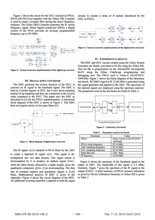 Spectrum analyzer
CMul11
Figure 5. Laboratory test bench
Xtreme DSP development kit·IV
Table 2. Parameters used in test bench
Signal genera tor
Parameter Value
FPGA Xilinx Virtex-4 (XC4VSX35-
lOFF668)
FPGA clock frequency 92.16 MHz
ADC sampling frequency 92.16 MHz
DAC sampling;frequency 92.16 MHz
Input data rate 3.84 Msps
IF frequency 23.04 MHz
IV. EXPERIMENTAL RESULTS
The DDC and DUC circuits created using the Xilinx System
Generator are finally converted to bit file using the Xilinx ISE.
This bit file is programmed on the XtremeDSP development
kit-IV using the Xilinx ChipScope programming and
debugging tool. The FPGA used is Virtex-4 (XC4VSX35-
10FF668). Figure 5 shows the block diagram of the laboratory
test bench. WCDMA signal at IF 23.04 MHz is generated using
the signal generator and applied to the ADC. The spectrums of
the desired signals are displayed using the spectrum analyzer.
The parameters used in the test bench are listed in Table 2.
Figure 4. System Generator implementation of the digital down convertor
CMult
Figure 6 shows the spectrum of the baseband signal at the
output of DDC. The bandwidth of this signal is 2.5 MHz.
Similarly, Figure 7 gives the spectrum of the IF signal at the
output of DUC. A brief summary of FPGA resource utilization
as given by Device Utilization Summary in Xilinx ISE is given
in Table 3.
streams to counter a delay of 1l radians introduced by the
ADConFPGA.
Inphasecomponent
1(4n)
Q(4n-l)
f---- QuadraturecomponentF,
Figure 2 shows the circuit for the DUC realized on FPGA.
MATLAB FDATool together with the Xilinx FIR Compiler
is used to create a lowpass filter having the above frequency
response. The Xilinx DDS Compiler generates the IF carrier
frequency signal. Direct digital synthesizer (DDS), a digital
version of the NCO, provides an accurate programmable
frequency up to 450 MHz.
Figure 3. Block diagram of digital down convertor
Figure 2. System Generator implementation of the digital up convertor
The IF signal x(t) is sampled at 98.16 Msps by the ADC
to create a digitized IF signal x(n) . This signal is de-
multiplexed into two data streams. One signal stream is
downsampled by 4 to produce an inphase signal I(4n) ,
while the other stream, delayed by a single sample, gives the
quadrature component Q(4n -1) on downsampling. The data
rate of resultant inphase and quadrature signals is 23.04
Msps. Mathematical analysis of DDC is given in the
Appendix. Figure 4 shows the circuit diagram of the DDC.
An additional inverting amplifier is applied to both the signal
III. DIGITAL DOWN CONVERTOR
The DDC performs the reverse function of the DUC. It
converts an IF signal to the baseband signal. The DDC is
built in a similar manner as DUC, but it uses down-sampling
instead of up-sampling and they are connected in the reverse
order compared to the DUC. This paper uses the DDC as
described in [1] for the FPGA implementation. A functional
block diagram of the DDC is shown in Figure 3. This DDC
does not require mixers or low pass filters [1].
ISBN 978-89-5519-146-2 - 758- Feb. 7-10, 2010 ICACT 2010
 