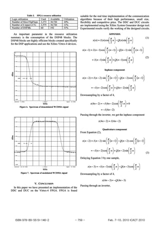 Table 3. FPGA resource utilization
Logic utilization Used Available Utilization
Number of Slice FlipFlops 3,373 30,720 10%
Number of4 input LUTs 3,575 30,720 11%
Number of DSP48s 60 192 31%
suitable for the real time implementation of the communication
algorithms because of their high performance, small size,
flexibility and competitive price. The DDC and DUC circuits
are implemented using the Xilinx System Generator design tool.
Experimental results verify the working ofthe designed circuits.
An important parameter in the resource utilization
summary is the consumption of the DSP48 blocks. The
DSP48 blocks are highly efficient blocks created specifically
for the DSP applications and use the Xilinx Virtex-4 devices.
.
-,.
- >0
-I'
-..
-.. 
n . LCl O Q
,.-..
-..  ~
- 00
- 00
-up
L .... .. ,
MHz
Figure 6. Spectrum of demodulated WCDMA signal
.
-..
-.. I
... / 1
I - lD
- 00
I ... ,..I .. -00
IJ -.. "V"
- 00
- 00
-LOO
_ " . ,. 10 MJII..
MHz
Figure 7. Spectrum of modulated WCDMA signal
V. CONCLUSION
In this paper we have presented an implementation of the
DDC and DUC on the Virtex-4 FPGA. FPGA is found
ApPENDIX
X(n)=I(n)Co{; n)-Q(n)sin(; n)
x(n-l) =I(n-I)Cos(; (n-l))-Q(n-l) sin ( ; (n-l))
= I(n-l)Sin(; n)+Q(n-l)co{; n)
Inphase component
x(n- 2)= I(n-2) sin ( ; (n-I))-Q(n-2)Cos(; (n-l))
=-I(n-2)Co{; n)+Q(n-2)Sin(; n)
Downsampling by a factor of4,
X(4n-2)=-I(4n-2)Co{ 4;n)+o
=-I(4n-2)
Passing through the inverter, we get the inphase component
x(4n-2) = I(4n-2)
Quadrature component
From Equation (2),
=-I(n-2)Co{; n)+Q(n-2)Sin(; n)
Delaying Equation 3 by one sample,
x(n-3) =-I(n-3)Sin(; n)-Q(n-3)Co{; n)
Downsampling by a factor of4,
x(4n- 3)=-Q(4n-3)
Passing through an inverter,
(1)
(2)
(3)
ISBN 978-89-5519-146-2 - 759- Feb. 7-10, 2010 ICACT 2010
 