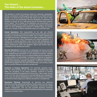 The operation is where the business meets our customers; passengers,
airlines, concessions, handling agents and visitors to our Dublin and Cork
airports. It is where we have to excel. We need to be ‘the’ best in class,
leaders in every way operationally. We have developed our expertise over
decades to ensure we run a safe secure and at the same time customer
centric airport. This is thanks to the dedication and commitment of our
operations people and the systems, processes and support mechanisms
which we have developed and continue to develop along our journey.
There are a number of distinct disciplines where you could add value.
Airside Operations: With responsibility for the safe and efficient
running of everything on the area known as the manoeuvring area, the ramp
including our aircraft stands and the airfield, this is a highly regulated and
controlled environment. Management of our safety management systems
and adherence to the many international and national regulations is a
critical role of airside operations. Input into the safe development and
maintenance of the infrastructure of the runways, taxiways and other key
airport infrastructure within the regulatory regime add another layer of
complexity to this operational function.
Security Operations: Ensuring that our passengers are secure and safe
while at the same time providing a strong emphasis on customer service
is the straightforward proposition for this operational business. Handling
every passenger that flies out of our airports places security operations in
a unique position of responsibility. Consistency, adherence to regulations
and flawless execution of our security operations helps to contribute to a
smooth and improving customer experience. Continuous improvement,
benchmarking against the very best internationally, and working closely
with our security officers is central to success here.
Customer & Campus Operations: The seemingly seamless transi-
tion from online booking of your car park space to boarding your flight
belies the complexity of the airport operation. Customer & Campus
operations facilitates this happening 24 hours a day, 7 days a week, all year
round. From the road infrastructure to terminal facilities and management
of our many and diverse stakeholders this is a multi-faceted and complex
environment where energy and creativity are premium competencies.
Operations Planning: Responsible for planning and delivering
terminal and airfield operational facilities at Dublin airport over the horizon
of 1 to 5 years. Responsible for slot coordination, terminal and airfield
capacity management. This unit also provides Business Continuity
resiliencetoairportoperationsandServiceQualityauditingonthepassenger
experience at Dublin Airport.
Our Airport…
The heart of the airport business...
7
 