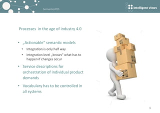 Sermantics2015
Processes in the age of industry 4.0
6
• „Actionable“ semantic models
• Integration is only half way
• Inte...