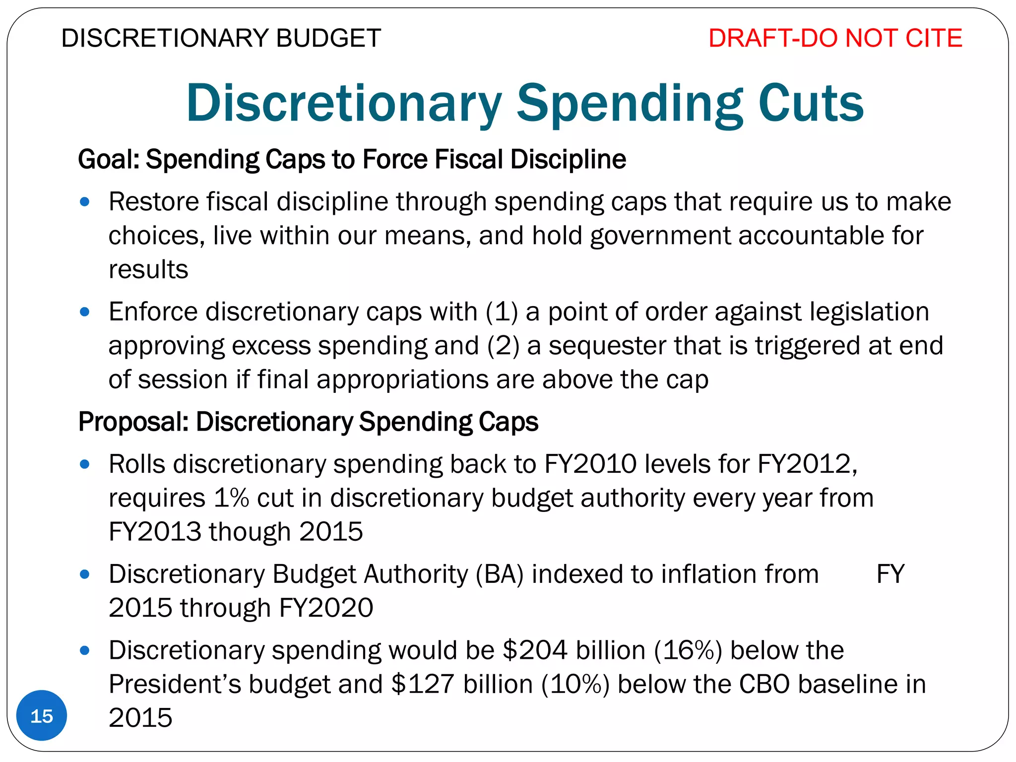 Discretionary Spending Cuts
Goal: Spending Caps to Force Fiscal Discipline
 Restore fiscal discipline through spending caps that require us to make
choices, live within our means, and hold government accountable for
results
 Enforce discretionary caps with (1) a point of order against legislation
approving excess spending and (2) a sequester that is triggered at end
of session if final appropriations are above the cap
Proposal: Discretionary Spending Caps
 Rolls discretionary spending back to FY2010 levels for FY2012,
requires 1% cut in discretionary budget authority every year from
FY2013 though 2015
 Discretionary Budget Authority (BA) indexed to inflation from FY
2015 through FY2020
 Discretionary spending would be $204 billion (16%) below the
President’s budget and $127 billion (10%) below the CBO baseline in
2015
DRAFT-DO NOT CITE
15
DISCRETIONARY BUDGET
 