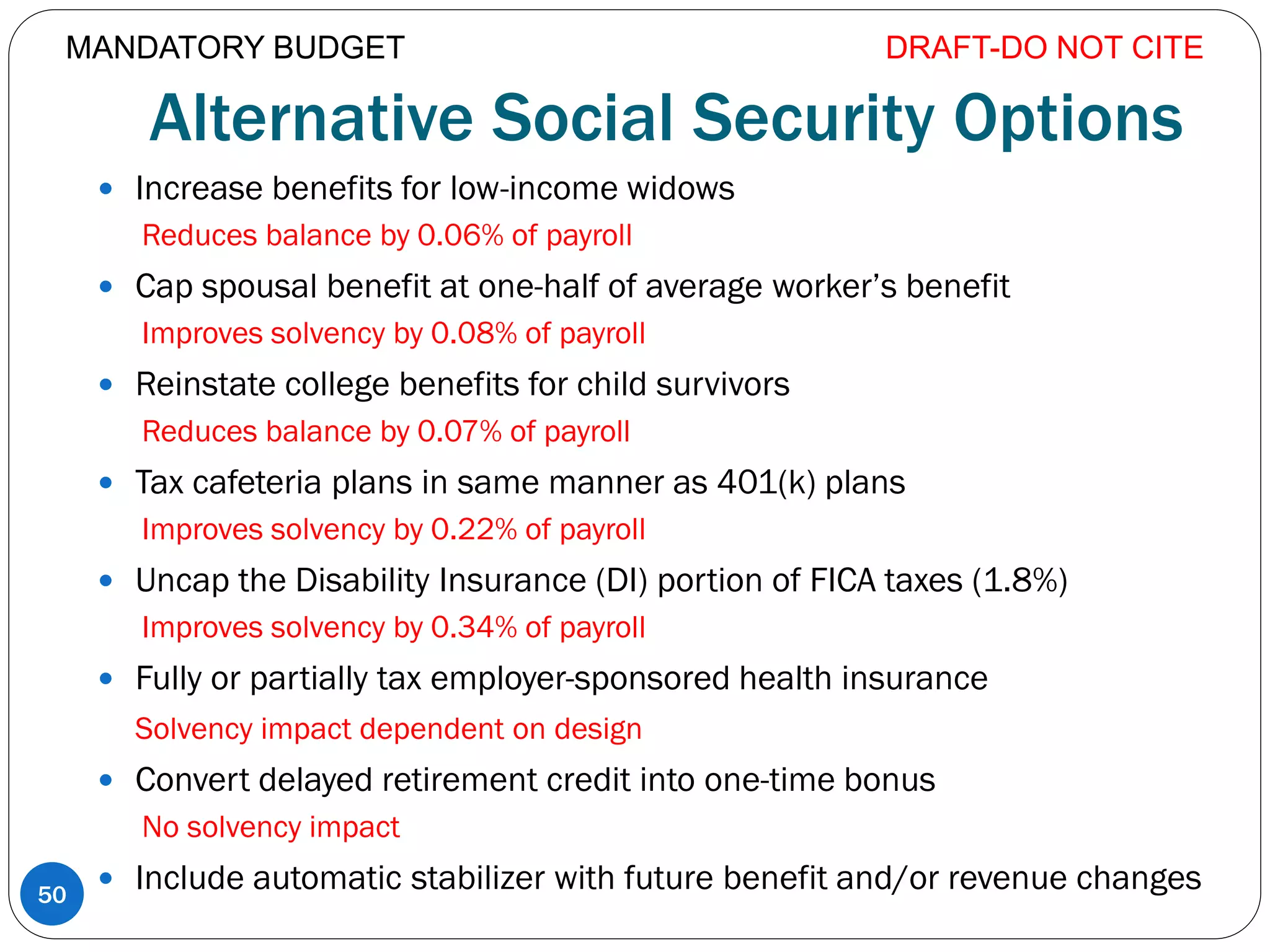 Alternative Social Security Options
 Increase benefits for low-income widows
Reduces balance by 0.06% of payroll
 Cap spousal benefit at one-half of average worker’s benefit
Improves solvency by 0.08% of payroll
 Reinstate college benefits for child survivors
Reduces balance by 0.07% of payroll
 Tax cafeteria plans in same manner as 401(k) plans
Improves solvency by 0.22% of payroll
 Uncap the Disability Insurance (DI) portion of FICA taxes (1.8%)
Improves solvency by 0.34% of payroll
 Fully or partially tax employer-sponsored health insurance
Solvency impact dependent on design
 Convert delayed retirement credit into one-time bonus
No solvency impact
 Include automatic stabilizer with future benefit and/or revenue changes
DRAFT-DO NOT CITE
50
MANDATORY BUDGET
 