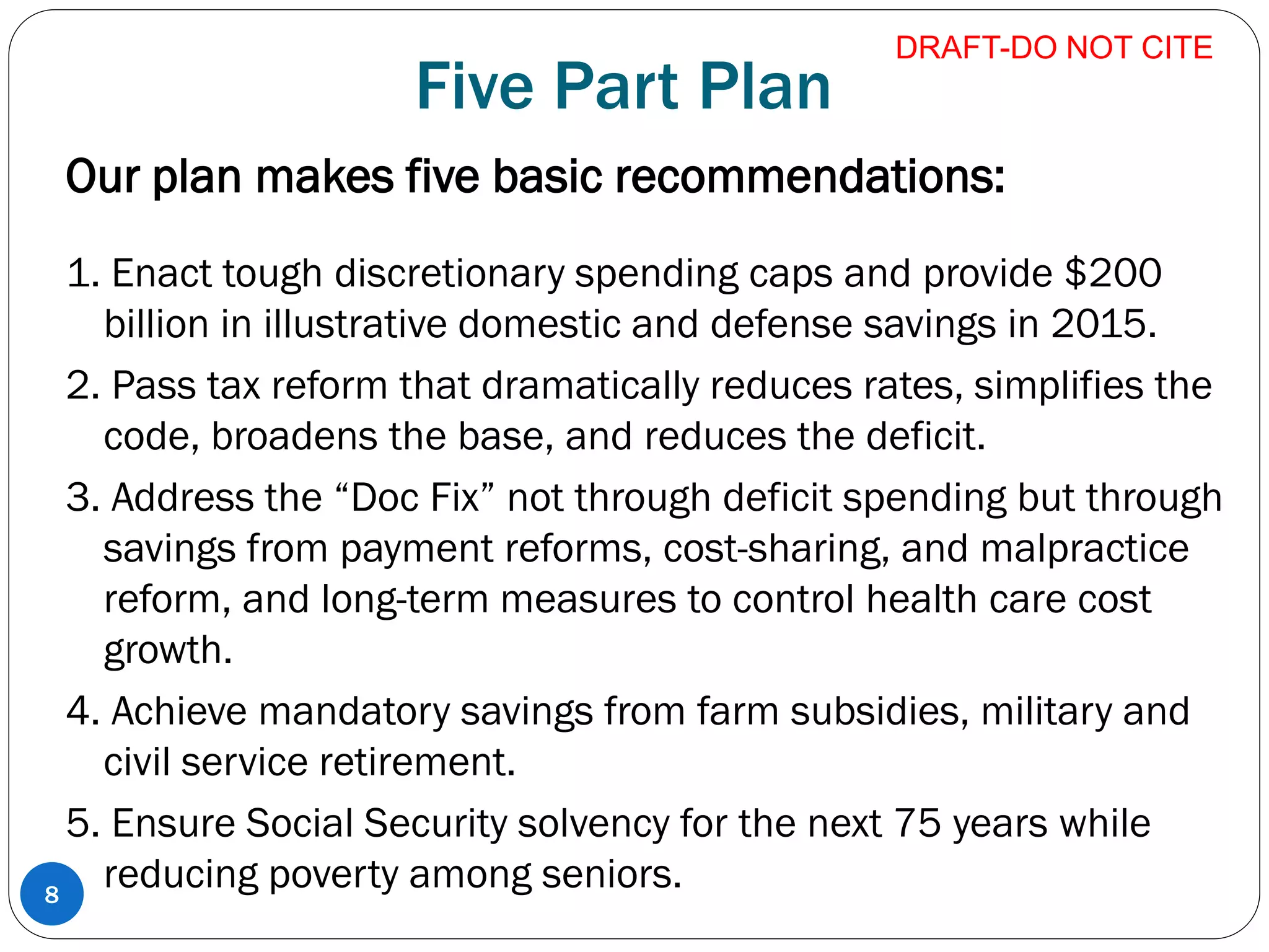Five Part Plan
Our plan makes five basic recommendations:
1. Enact tough discretionary spending caps and provide $200
billion in illustrative domestic and defense savings in 2015.
2. Pass tax reform that dramatically reduces rates, simplifies the
code, broadens the base, and reduces the deficit.
3. Address the “Doc Fix” not through deficit spending but through
savings from payment reforms, cost-sharing, and malpractice
reform, and long-term measures to control health care cost
growth.
4. Achieve mandatory savings from farm subsidies, military and
civil service retirement.
5. Ensure Social Security solvency for the next 75 years while
reducing poverty among seniors.8
DRAFT-DO NOT CITE
 