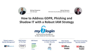 How to Address GDPR, Phishing and
Shadow IT with a Robust IAM Strategy
Michael Newman
CEO, My1Login
Adrian Romano
Information Security Manager, Betsson Group
“Global Leader in
Identity Management”
IAM Award International Contribution
to Cyber Security
IAM Solution
of The Year
Best Identity
Management Solution
Best Cloud Computing
Security Solution
Identity & Access Management
for Web, Mobile & Thick-Client Apps
 