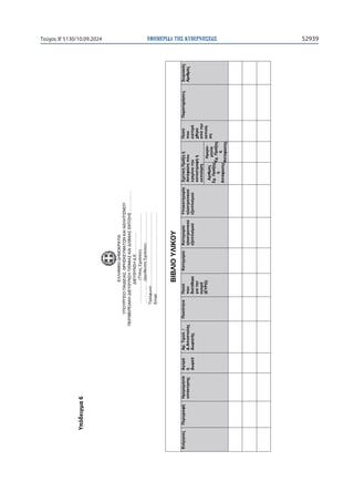 ΕΦΗΜΕΡΙ∆Α TΗΣ ΚΥΒΕΡΝΗΣΕΩΣ 52939
Τεύχος B’5130/10.09.2024

ɉʋʊɷɸɿɶʅɲϲ
ΕΛΛΗΝΙΚΗ
ΔΗΜΟΚΡΑΤΙΑ
ΥΠΟΥΡΓΕΙΟ
ΠΑΙΔΕΙΑΣ,
ΘΡΗΣΚΕΥΜΑΤΩΝ
ΚΑΙ
ΑΘΛΗΤΙΣΜΟΥ
ΠΕΡΙΦΕΡΕΙΑΚΗ
ΔΙΕΥΘΥΝΣΗ
Π/ΘΜΙΑΣ
ΚΑΙ
Δ/ΘΜΙΑΣ
ΕΚΠ/ΣΗΣ
…………….
ΔΙΕΥΘΥΝΣΗ
Δ.Ε.
……………
………………(Τίτλος
Σχολείου)……………….………
………………(Διεύθυνση
Σχολείου)……………………
Τηλέφωνο:………………………………………………..
Email:
…………………………………………………….


ΒΙΒΛΙΟ
ΥΛΙΚΟΥ

Ενέργειες
Περιγραφή
Ημερομηνία
απόκτησης
Αγορά
ή
Δωρεά
Αρ.
Τιμολ.
/
Δ.Αποστολής
Δωρητής
Ποσότητα
Ποσό
που
διατέθηκε
για
την
αγορά
(ΕΥΡΩ)
Κατηγορία
Κατηγορία
ηλεκτρονικού
εξοπλισμού
Υποκατηγορία
ηλεκτρονικού
εξοπλισμού
Σχετική
Πράξη
ή
Απόφαση
που
εγκρίνει
την
καταστροφή
ή
εκποίηση
Ποσό
που
εισπρά
χθηκε
από
την
εκποίη
ση
Παρατηρήσεις
Σειριακός
Αριθμός
Αριθμός
Σχ.
Πράξης
ή
Απόφασης
Ημερο-
μηνία
Σχ.
Πράξης
ή
Απόφασης













































 