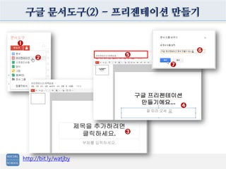 구글 문서도구(2) - 프리젠테이션 만들기

➊
                                   ➏
                       ➎
     ➋
                           ➐




                               ➍



                       ➌



http://bit.ly/watjby
 