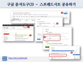 구글 문서도구(3) – 스프레드시트 공유하기

                                   ➌




                               ➍
                       ➊


                       ➋
                           ➎




                                       ➏

http://bit.ly/AAHvEb
 