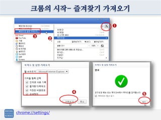 크롬의 시작- 즐겨찾기 가져오기

                         ➊

        ➌
                 ➋




                     ➍       ➎



chrome://settings/
 