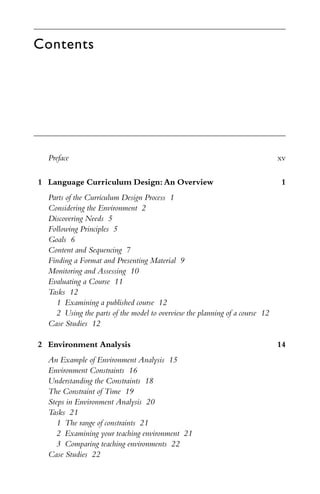 Contents
Preface xv
1 Language Curriculum Design:An Overview 1
Parts of the Curriculum Design Process 1
Considering the Environment 2
Discovering Needs 5
Following Principles 5
Goals 6
Content and Sequencing 7
Finding a Format and Presenting Material 9
Monitoring and Assessing 10
Evaluating a Course 11
Tasks 12
1 Examining a published course 12
2 Using the parts of the model to overview the planning of a course 12
Case Studies 12
2 Environment Analysis 14
An Example of Environment Analysis 15
Environment Constraints 16
Understanding the Constraints 18
The Constraint of Time 19
Steps in Environment Analysis 20
Tasks 21
1 The range of constraints 21
2 Examining your teaching environment 21
3 Comparing teaching environments 22
Case Studies 22
 