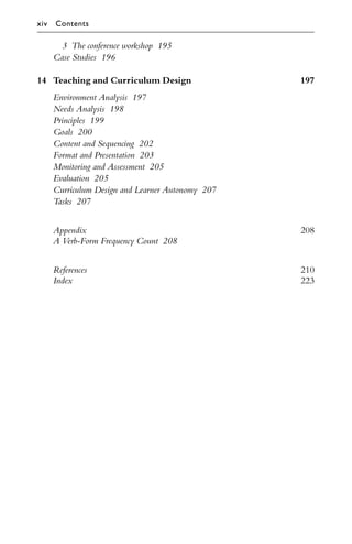 3 The conference workshop 195
Case Studies 196
14 Teaching and Curriculum Design 197
Environment Analysis 197
Needs Analysis 198
Principles 199
Goals 200
Content and Sequencing 202
Format and Presentation 203
Monitoring and Assessment 205
Evaluation 205
Curriculum Design and Learner Autonomy 207
Tasks 207
Appendix 208
A Verb-Form Frequency Count 208
References 210
Index 223
xiv Contents
 