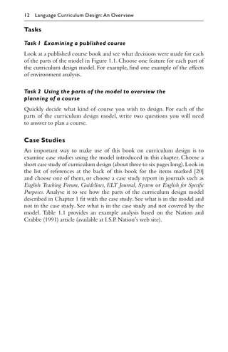 Tasks
Task 1 Examining a published course
Look at a published course book and see what decisions were made for each
of the parts of the model in Figure 1.1. Choose one feature for each part of
the curriculum design model. For example, ﬁnd one example of the eﬀects
of environment analysis.
Task 2 Using the parts of the model to overview the
planning of a course
Quickly decide what kind of course you wish to design. For each of the
parts of the curriculum design model, write two questions you will need
to answer to plan a course.
Case Studies
An important way to make use of this book on curriculum design is to
examine case studies using the model introduced in this chapter. Choose a
short case study of curriculum design (about three to six pages long).Look in
the list of references at the back of this book for the items marked [20]
and choose one of them, or choose a case study report in journals such as
English Teaching Forum, Guidelines, ELT Journal, System or English for Speciﬁc
Purposes. Analyse it to see how the parts of the curriculum design model
described in Chapter 1 ﬁt with the case study. See what is in the model and
not in the case study. See what is in the case study and not covered by the
model. Table 1.1 provides an example analysis based on the Nation and
Crabbe (1991) article (available at I.S.P.Nation’s web site).
12 Language Curriculum Design: An Overview
 