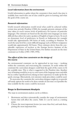Local information from the environment
Useful information to gather about the constraint is how much class time is
available, how much time out of class could be given to learning, and what
the goals of the course are.
Research information
Useful research information would reveal what could be achieved within
certain time periods. Pimsleur (1980), for example, presents estimates of the
time taken to reach various levels of proﬁciency for learners of particular
languages.The estimates are based on the idea that some languages are more
diﬃcult than others for native speakers of English to begin to learn.To reach
an elementary level of proﬁciency in French or Indonesian for example
would take approximately 240 hours of study, according to Pimsleur. To
reach the same level for a more diﬃcult language such as Hebrew or Japanese
would take approximately 360 hours. These estimates derive from the con-
siderable experience of teachers at the Foreign Service Institute of the
Department of State in the United States. For further research on the time
constraint see Collier (1987,1989,1995).
The effect of the time constraint on the design of
the course
An environmental constraint can be approached in two ways – working
within the constraint, and overcoming the constraint. To work within the
constraint the curriculum designer could limit the goals of the course to ﬁt
the available time. This is what is suggested in the Pimsleur data. Another
way of limiting would be to try to cover most of the language items and skills
but at a rather superﬁcial level,relying on later experience to make up for the
quick coverage.Alternatively,very intensive study procedures could be used.
To overcome the constraint the curriculum designer might try to provide
self-study options for work to be done outside of class time or if possible the
time available for the course could be increased.
Steps in Environment Analysis
The steps in environment analysis can be as follows.
1 Brainstorm and then systematically consider the range of environment
factors that will aﬀect the course. Table 2.1 can be used as a starting
point.
2 Choose the most important factors (no more than ﬁve) and rank them,
putting the most important ﬁrst.
20 Environment Analysis
 