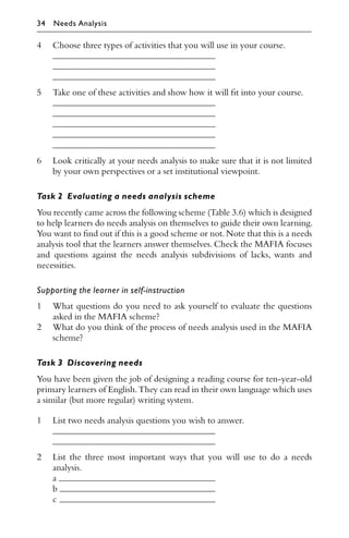 4 Choose three types of activities that you will use in your course.
5 Take one of these activities and show how it will ﬁt into your course.
6 Look critically at your needs analysis to make sure that it is not limited
by your own perspectives or a set institutional viewpoint.
Task 2 Evaluating a needs analysis scheme
You recently came across the following scheme (Table 3.6) which is designed
to help learners do needs analysis on themselves to guide their own learning.
You want to ﬁnd out if this is a good scheme or not.Note that this is a needs
analysis tool that the learners answer themselves. Check the MAFIA focuses
and questions against the needs analysis subdivisions of lacks, wants and
necessities.
Supporting the learner in self-instruction
1 What questions do you need to ask yourself to evaluate the questions
asked in the MAFIA scheme?
2 What do you think of the process of needs analysis used in the MAFIA
scheme?
Task 3 Discovering needs
You have been given the job of designing a reading course for ten-year-old
primary learners of English.They can read in their own language which uses
a similar (but more regular) writing system.
1 List two needs analysis questions you wish to answer.
2 List the three most important ways that you will use to do a needs
analysis.
a
b
c
34 Needs Analysis
 