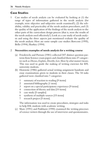 Case Studies
1 Case studies of needs analysis can be evaluated by looking at (1) the
range of types of information gathered in the needs analysis (for
example, were objective and subjective needs examined?), (2) the reli-
ability, validity and practicality of the needs analysis procedures, and (3)
the quality of the application of the ﬁndings of the needs analysis to the
other parts of the curriculum design process (that is, were the results of
the needs analysis used eﬀectively?).Look at a case study of needs analy-
sis and using the three aspects just mentioned evaluate the quality of
the needs analysis. Here are some sample case studies: Bawcom (1995),
Bello (1994),Sharkey (1994).
2 Necessities:examples of needs analysis for a writing course
(a) Friederichs and Pierson (1981) collected 507 distinct question pat-
terns from Science exam papers and classiﬁed them into 27 categor-
ies such as Discuss,Explain,Describe,List,Show by what manner/means.
This was used to guide the making of writing exercises for EFL
university students.
(b) Horowitz (1986) gathered actual writing assignment handouts and
essay examinations given to students in their classes. The 54 tasks
gathered were classiﬁed into 7 categories:
1 summary of reaction to reading [9 items]
2 annotated bibliography [1 item]
3 report on a special participatory experience [9 items]
4 connection of theory and data [10 items]
5 case study [5 samples]
6 synthesis of multiple sources [15 items]
7 research project [5 items].
The information was used to create procedures, strategies and tasks
to help ESL students with academic writing.
(c) Shaw (1991) and Parkhurst (1990) examined the writing processes
of science writers through the use of interviews and questionnaires.
36 Needs Analysis
 