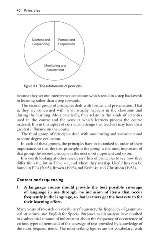 because they set out interference conditions which result in a step backwards
in learning rather than a step forwards.
The second group of principles deals with format and presentation. That
is, they are concerned with what actually happens in the classroom and
during the learning. Most practically, they relate to the kinds of activities
used in the course and the ways in which learners process the course
material.It is in this aspect of curriculum design that teachers may have their
greatest inﬂuence on the course.
The third group of principles deals with monitoring and assessment and
to some degree evaluation.
In each of these groups, the principles have been ranked in order of their
importance, so that the ﬁrst principle in the group is the most important of
that group,the second principle is the next most important and so on.
It is worth looking at other researchers’ lists of principles to see how they
diﬀer from the list in Table 4.1, and where they overlap. Useful lists can be
found in Ellis (2005),Brown (1993),and Krahnke and Christison (1983).
Content and sequencing
1 A language course should provide the best possible coverage
of language in use through the inclusion of items that occur
frequently in the language,so that learners get the best return for
their learning eﬀort.
Many years of research on vocabulary frequency,the frequency of grammat-
ical structures, and English for Special Purposes needs analysis have resulted
in a substantial amount of information about the frequency of occurrence of
various types of items and of the coverage of text provided by knowledge of
the most frequent items. The most striking ﬁgures are for vocabulary, with
Figure 4.1 The subdivisions of principles.
40 Principles
 