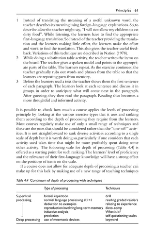 1 Instead of translating the meaning of a useful unknown word, the
teacher describes its meaning using foreign-language explanations.So,to
describe allow the teacher might say,“I will not allow my children to eat
dirty food”. While listening, the learners have to ﬁnd the appropriate
ﬁrst-language translation.So instead of the teacher providing the transla-
tion and the learners making little eﬀort, the learners make the eﬀort
and work to ﬁnd the translation. This also gives the teacher useful feed-
back.Variations of this technique are described in Nation (1978).
2 While doing a substitution table activity,the teacher writes the items on
the board.The teacher gives a spoken model and points to the appropri-
ate parts of the table. The learners repeat. As the exercise continues, the
teacher gradually rubs out words and phrases from the table so that the
learners are repeating parts from memory.
3 Before the learners read a text the teacher shows them the ﬁrst sentence
of each paragraph. The learners look at each sentence and discuss it in
groups in order to anticipate what will come next in the paragraph.
After guessing, they then read the paragraph. Reading thus becomes a
more thoughtful and informed activity.
It is possible to check how much a course applies the levels of processing
principle by looking at the various exercise types that it uses and ranking
them according to the depth of processing they require from the learners.
Most courses regularly make use of only a small range of techniques and
these are the ones that should be considered rather than the “one-oﬀ ” activ-
ities. It is not straightforward to rank diverse activities according to a single
scale of depth but it is worth doing so, particularly if one considers that each
activity used takes time that might be more proﬁtably spent doing some
other activity. The following scale for depth of processing (Table 4.4) is
oﬀered as a starting point for such ranking.The learners’ level of proﬁciency
and the relevance of their ﬁrst-language knowledge will have a strong eﬀect
on the positions of items on the scale.
If a course does not allow for adequate depth of processing, a teacher can
make up for this lack by making use of a new range of teaching techniques
Table 4.4 Continuum of depth of processing with techniques
Type of processing Techniques
Superficial
processing
formal repetition
normal language processing at I+1
drill
reading graded readers
deduction to examples relating to experience
reproduction involving long-term memory dicto-comp
inductive analysis What is it?
prediction self-questioning scales
Deep processing use of mnemonic devices keyword
Principles 61
 