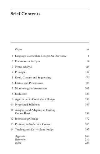 Brief Contents
Preface xv
1 Language Curriculum Design:An Overview 1
2 Environment Analysis 14
3 Needs Analysis 24
4 Principles 37
5 Goals,Content and Sequencing 70
6 Format and Presentation 88
7 Monitoring and Assessment 107
8 Evaluation 123
9 Approaches to Curriculum Design 136
10 Negotiated Syllabuses 149
11 Adopting and Adapting an Existing
Course Book 159
12 Introducing Change 172
13 Planning an In-Service Course 183
14 Teaching and Curriculum Design 197
Appendix 208
References 210
Index 223
 