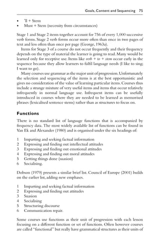 • ’ll + Stem
• Must + Stem (necessity from circumstances)
Stage 1 and Stage 2 items together account for 756 of every 1,000 successive
verb forms. Stage 2 verb forms occur more often than once in two pages of
text and less often than once per page (George,1963a).
Items for Stage 3 of a course do not occur frequently and their frequency
depends on the type of material the learner is going to read.Many would be
learned only for receptive use. Items like verb + to + stem occur early in the
sequence because they allow learners to fulﬁl language needs (I like to sing;
I want to go).
Many courses use grammar as the major unit of progression.Unfortunately
the selection and sequencing of the items is at the best opportunistic and
gives no consideration of the value of learning particular items.Courses thus
include a strange mixture of very useful items and items that occur relatively
infrequently in normal language use. Infrequent items can be usefully
introduced in courses where they are needed to be learned as memorised
phrases (lexicalised sentence stems) rather than as structures to focus on.
Functions
There is no standard list of language functions that is accompanied by
frequency data. The most widely available list of functions can be found in
Van Ek and Alexander (1980) and is organised under the six headings of:
1 Imparting and seeking factual information
2 Expressing and ﬁnding out intellectual attitudes
3 Expressing and ﬁnding out emotional attitudes
4 Expressing and ﬁnding out moral attitudes
5 Getting things done (suasion)
6 Socialising.
Dobson (1979) presents a similar brief list. Council of Europe (2001) builds
on the earlier list,adding new emphases.
1 Imparting and seeking factual information
2 Expressing and ﬁnding out attitudes
3 Suasion
4 Socialising
5 Structuring discourse
6 Communication repair.
Some courses use functions as their unit of progression with each lesson
focusing on a diﬀerent function or set of functions. Often however courses
are called “functional” but really have grammatical structures as their units of
Goals, Content and Sequencing 75
 
