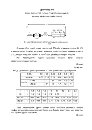 Даалгавар №2
                   Цуваа сэргээлттэй тогтмол гүйдлийн хөдөлгүүрийн
                               механик характеристикийн тооцоо



                     +                                    U
                                                                                           -

                                                                      ХК3 ХК2 ХК1
                         I                           СО
                                    Å

                                                                      r3     r2      r1

                  3-р зураг. Цуваа сэргээлттэй тогтмол гүйдлийн хөдөлгүүрийн
                                                  схем

      Өгөгдсөн (3-р зураг) цуваа сэргээлттэй ТГХ-ийн номиналь хүчдэл Uн (В),
номиналь чадал PН (кВт), эргэлтийн номиналь хурд nн (эрг/мин), номиналь гүйдэл
Iн (А), якорын инерцийн момент Jя (кг۰м2) бол дараах даалгаврыг гүйцэтгэ!
      Нэг.      Хөдөлгүүрийн            үндсэн             цахилгаан          механик           болон           механик
характеристикүүдийг байгуул.
                                                                                                                (1 оноо)
                                                                                                           2-р хүснэгт
  МП,ДП,Д маягийн цуваа сэргээлттэй ТГХ-ийн универсаль характеристик
                     I*=I/Ií                  0.2      0.3       0.35         0.4         0.6        0.8
                   Ì*=Ì/Ìí                0.08        0.15       0.20        0.28        0.45     0.75
                         <10 кВТ               -           -     2.4         1.95        1.35     1.12
               n*=n/ní
                             10 кВт           -       2.4       1.8          1.7        1.27        1.1


          I*         1        1.2       1.4         1.6        1.8         2.0      2.2         2.4        2.6
         Ì*          1        1.3       1.6         1.9        2.2         2.52      -           -          -
      <10 кВт        1       0.89      0.82         0.75       0.70        065      0.60        0.55       0.51
      10 кВт        1        0.9      0.86         0.80       0.75        0.73     0.70        0.67       0.65


      Хоёр. Хөдөлгүүрийг гурван шаттай асаах асаалтын реостатын тооцоог
график аргаар хийж асаалтын шат болон секц бүрийн эсэргүүцэл, мөн асаалтын
шат бүрийн хурдыг тодорхойл.
                                                                   (3 оноо)
 