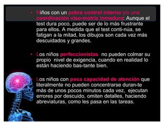 ‡ Niños con un pobre control interno y/o una
coordinación viso-motriz inmadura: Aunque el
test dura poco, puede ser de lo más frustrante
para ellos. A medida que el test conti-núa, se
fatigan a la mitad, los dibujos son cada vez más
descuidados y grandes.
‡ Los niños perfeccionistas no pueden colmar su
propio nivel de exigencia, cuando en realidad lo
están haciendo bas-tante bien.
‡ Los niños con poca capacidad de atención que
literalmente no pueden concentrarse duran-te
más de unos pocos minutos cada vez, ejecutan
errores por descuido, omiten detalles, haciendo
abreviaturas, como les pasa en las tareas.
 