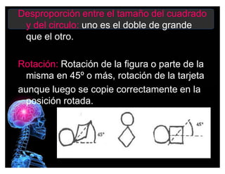 Desproporción entre el tamaño del cuadrado
y del circulo: uno es el doble de grande
que el otro.
Rotación: Rotación de la figura o parte de la
misma en 45º o más, rotación de la tarjeta
aunque luego se copie correctamente en la
posición rotada.
 