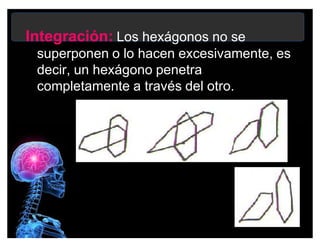 Integración: Los hexágonos no se
superponen o lo hacen excesivamente, es
decir, un hexágono penetra
completamente a través del otro.
 