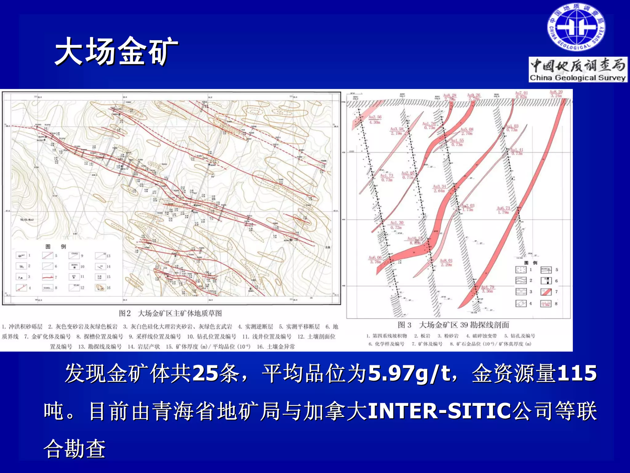大场金矿




 发现金矿体共25条，平均品位为5.97g/t，金资源量115
吨。目前由 青海 省地矿局与加拿大INTER-SITIC公司等联
合勘查
 