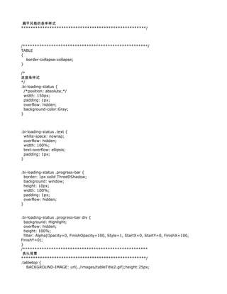 扁平风格的表单样式
*****************************************************/



/*****************************************************/
TABLE
{
  border-collapse:collapse;
}

/*
进度条样式
*/
.bi-loading-status {
  /*position: absolute;*/
  width: 150px;
  padding: 1px;
  overflow: hidden;
  background-color:Gray;
}



.bi-loading-status .text {
  white-space: nowrap;
  overflow: hidden;
  width: 100%;
  text-overflow: ellipsis;
  padding: 1px;
}


.bi-loading-status .progress-bar {
  border: 1px solid ThreeDShadow;
  background: window;
  height: 10px;
  width: 100%;
  padding: 1px;
  overflow: hidden;
}


.bi-loading-status .progress-bar div {
  background: Highlight;
  overflow: hidden;
  height: 100%;
  filter: Alpha(Opacity=0, FinishOpacity=100, Style=1, StartX=0, StartY=0, FinishX=100,
FinishY=0);
}
/*****************************************************
 表头背景
*****************************************************/
.tabletop {
    BACKGROUND-IMAGE: url(../images/tableTitle2.gif);height:25px;
 