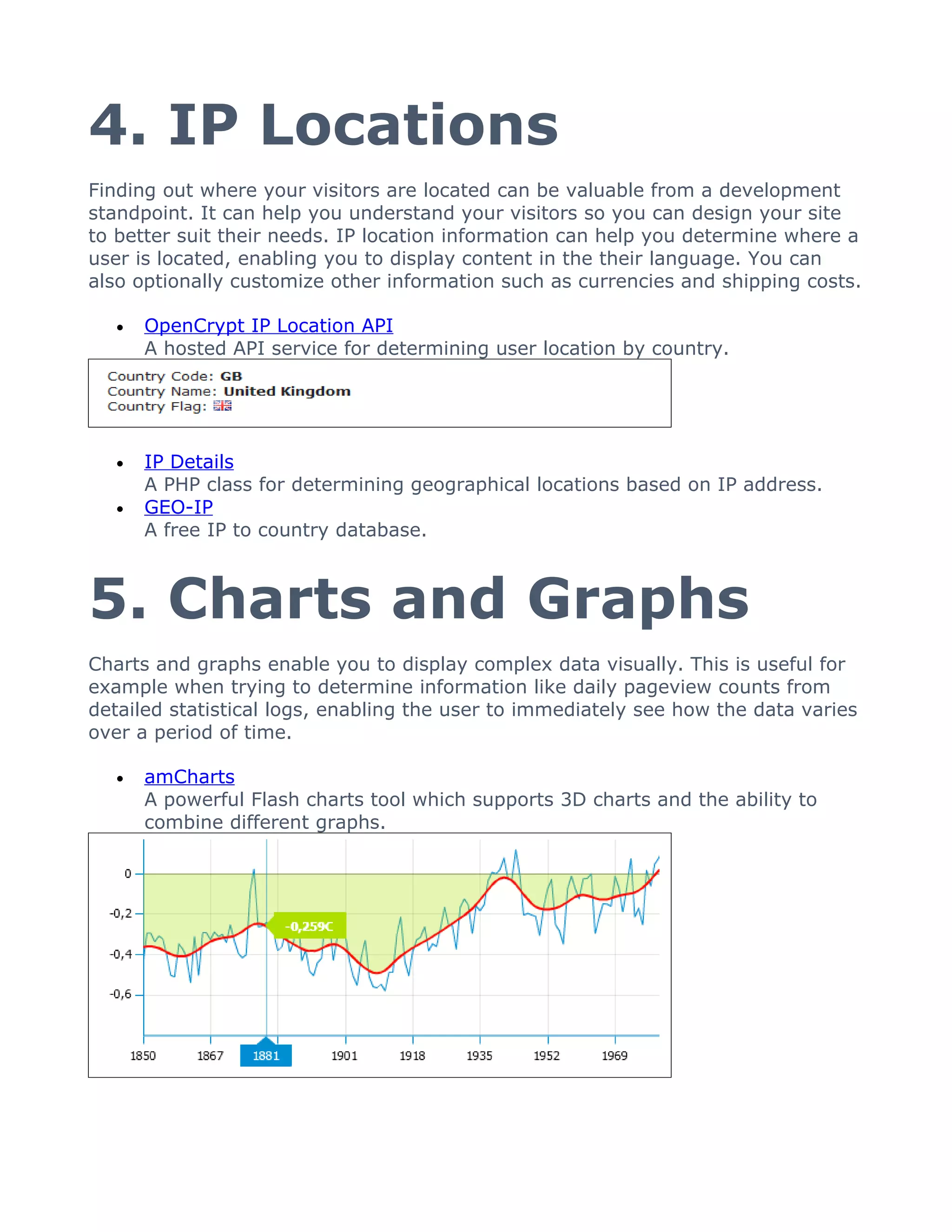 4. IP Locations
Finding out where your visitors are located can be valuable from a development
standpoint. It can help you understand your visitors so you can design your site
to better suit their needs. IP location information can help you determine where a
user is located, enabling you to display content in the their language. You can
also optionally customize other information such as currencies and shipping costs.

   •   OpenCrypt IP Location API
       A hosted API service for determining user location by country.




   •   IP Details
       A PHP class for determining geographical locations based on IP address.
   •   GEO-IP
       A free IP to country database.



5. Charts and Graphs
Charts and graphs enable you to display complex data visually. This is useful for
example when trying to determine information like daily pageview counts from
detailed statistical logs, enabling the user to immediately see how the data varies
over a period of time.

   •   amCharts
       A powerful Flash charts tool which supports 3D charts and the ability to
       combine different graphs.
 