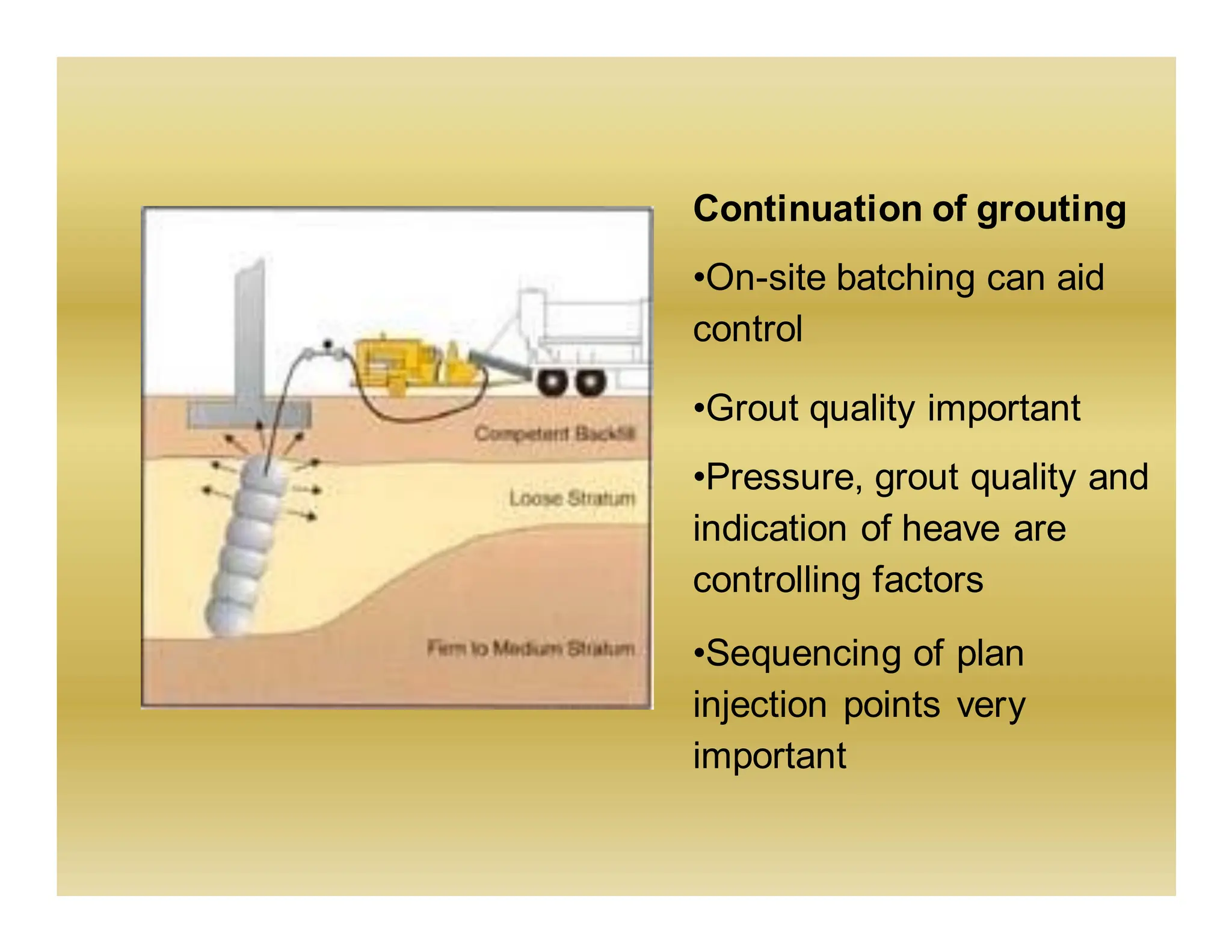 Continuation of grouting
•On-site batching can aid
control
•Grout quality important
•Pressure, grout quality and
indication of heave are
controlling factors
•Sequencing of plan
injection points very
important
 