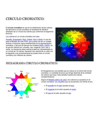 CIRCULO CROMATICO:
El círculo cromático se usa en la clasificación de los colores.
Se denomina círculo cromático al resultante de distribuir
alrededor de un círculo los colores que conforman el segmento
de la luz.
Los colores en un círculo cromático son seis:
Amarillo, Anaranjado, Rojo, Violeta, Azul y Verde, lo que dio
paso al Modelo de color RYB, que a pesar de ser un modelo
arcaico e impreciso sigue enseñándose en la representación
cromática, y del que se derivan los modelos RGB y CMYK, en
el que los colores son: amarillo, rojo, magenta, azul, cian y
verde. La mezcla de estos colores puede ser representada en
un círculo de 12 colores, haciendo una mezcla de un color con
el siguiente y así sucesivamente se puede crear un círculo
cromático con millones de colores.
HEXAGRAMA CIRCULO CROMATICO:
El hexagrama es una estrella que se coloca en el centro del círculo
cromático. La cantidad de picos que tenga depende de la cantidad
de colores que haya. Esta estrella muestra los colores
complementarios.
Según el (Modelo aditivo de color), los colores luz opuestos en el
círculo cromático1
son aquellos que se encuentran uno frente al otro.
 El amarillo es el color opuesto al azul.
 El magenta es el color opuesto al verde.
 El cian es el color opuesto al rojo.
 