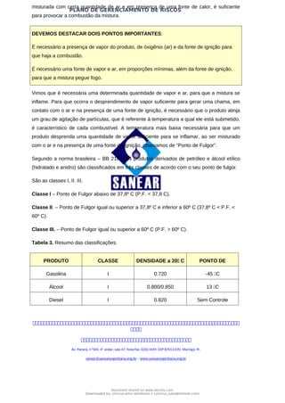 PLANO DE GERENCIAMENTO DE RISCOS
misturada com certa quantidade de ar e em presença de uma fonte de calor, é suficiente
para provocar a combustão da mistura.
DEVEMOS DESTACAR DOIS PONTOS IMPORTANTES:
É necessário a presença de vapor do produto, de óxigênio (ar) e da fonte de ignição para
que haja a combustão.
É necessário uma fonte de vapor e ar, em proporções mínimas, além da fonte de ignição,
para que a mistura pegue fogo.
Vimos que é necessária uma determinada quantidade de vapor e ar, para que a mistura se
inflame. Para que ocorra o desprendimento de vapor suficiente para gerar uma chama, em
contato com o ar e na presença de uma fonte de ignição, é necessário que o produto atinja
um grau de agitação de partículas, que é referente à temperatura a qual ele está submetido,
é característico de cada combustível. A temperatura mais baixa necessária para que um
produto desprenda uma quantidade de vapor suficiente para se inflamar, ao ser misturado
com o ar e na presença de uma fonte de ignição, chamamos de “Ponto de Fulgor”.
Segundo a norma brasileira – BB 216 – os produtos derivados de petróleo e álcool etílico
(hidratado e anidro) são classificados em três classes de acordo com o seu ponto de fulgor.
São as classes I, II. III.
Classe I – Ponto de Fulgor abaixo de 37,8º C (P.F. < 37,8 C).
Classe II. – Ponto de Fulgor igual ou superior a 37,8º C e inferior a 60º C (37,8º C < P.F. <
60º C).
Classe III. – Ponto de Fulgor igual ou superior a 60º C (P.F. > 60º C).
Tabela 3. Resumo das classificações.
PRODUTO CLASSE DENSIDADE a 20 C PONTO DE
Gasolina I 0.720 -45 C
Álcool I 0.800/0.850 13 C
Diesel I 0.820 Sem Controle



Av. Paraná, nº504, 4º andar, sala 47, fone/fax 3226.3349, CEP 87013-070, Maringá, Pr.
sanear@sanearengenharia.eng.br – www.sanearengenharia.eng.br
Document shared on www.docsity.com
Downloaded by: vinicius-artur-dambroso-2 (vinicius_juba@hotmail.com)
 